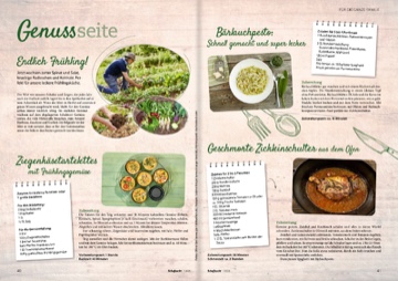 Magazinseite mit Genussrezepten, vier verschiedene Gerichte mit Fotos und Zutatenlisten, Deutsch Puddling, Zucchiniauflauf, Kartoffelsuppe, H&auml;hnchenbrust, Text und Layout auf beigem Hintergrund, Foto: Oliver Giel