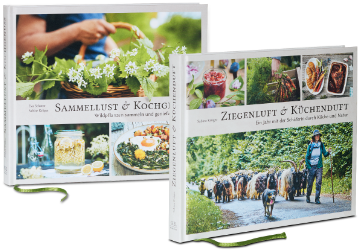 Abbildung der zwei B&uuml;cher von Sabine Kr&uuml;ger und Oliver Giel "Sammellust und Kochgenuss" und "Ziegenluft und K&uuml;chenduft"
