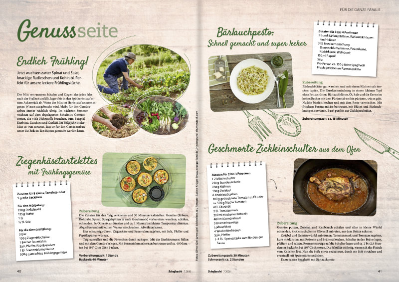 Doppelseite eines Kochmagazins mit Rezepten und Fotos von Gem&uuml;segerichten, Blattmangold, Zucchinischneider und Fleischbr&uuml;he, beige Hintergrund, Foto: Oliver Giel